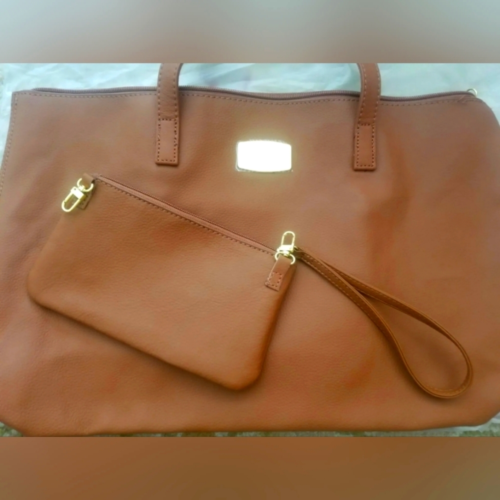 New Joy Mangano Zipper Genuine Leather Tote & RFID Wallet Clutch with Strap